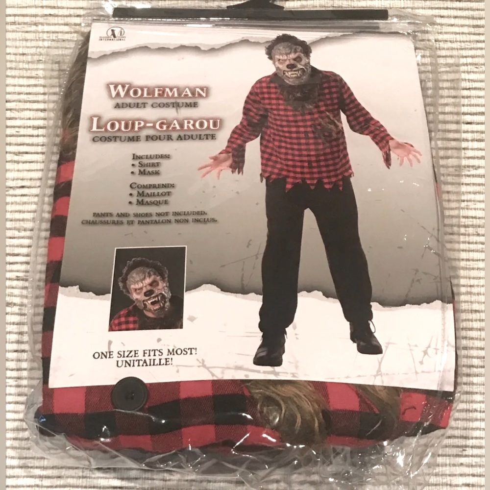 WOLFMAN Adult Halloween Costume Plastic Mask & Plaid Shirt ONE SIZE FITS MOST